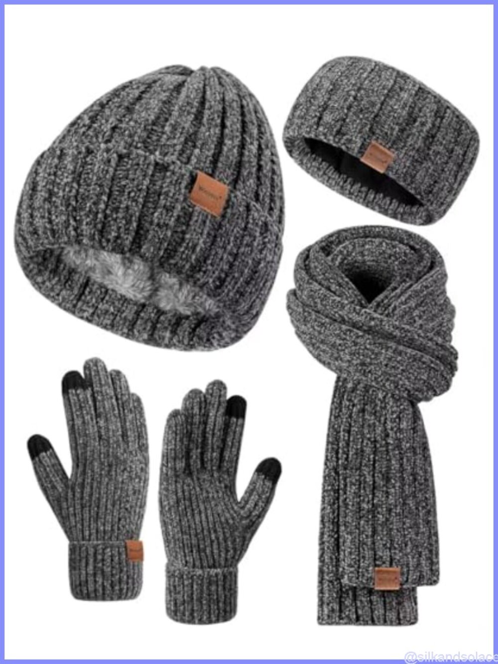 Chenille Winter Beanie Scarf Gloves Headband 4-Piece Set Fleece Lined